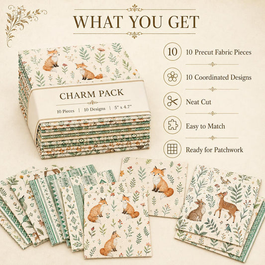 10pcs Charm Pack Set Geometric Fox Grass Pattern Vintage Style Handmade DIY with Rich Color and Texture Elements 100% Polyester Patchwork in 10 Design Styles Suitable for Patchwork DIY Craft Projects DIY Wallet Making Gift Giving Bag Making Mother's Day G