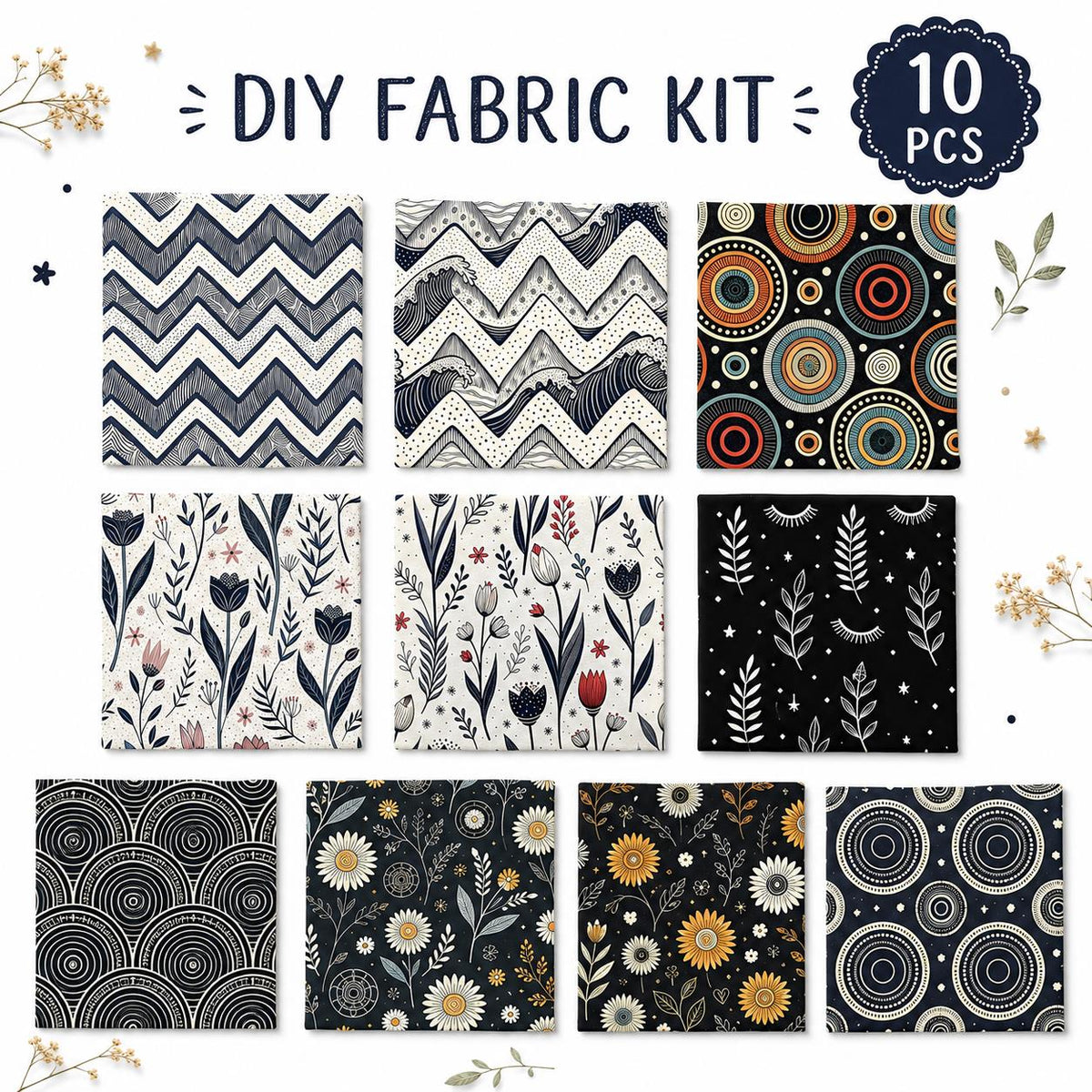 10Pc/Set Black Series Flower Stripe Dot Star Daisy Fat Quarter Fabric, Pre-Cut Square Fabric Assort, Fabric Set, Craft Fabric, Handmade DIY Patchwork Fabric,Home Quilting Sewing Fabric, Packaging Fabric, Scrapbooking Craft Hobbyist