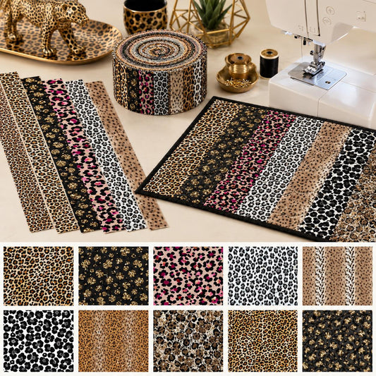 10pcs Vintage Leopard Theme Jelly Roll Fabric Strips 2.5X19.7inch Pre-Cut 100% Cotton For Patchwork Quilts, Table Runners, Placemats, Tote Bags, Storage Pouches, Makeup Bags, Coasters, Quilt Blocks & Binding