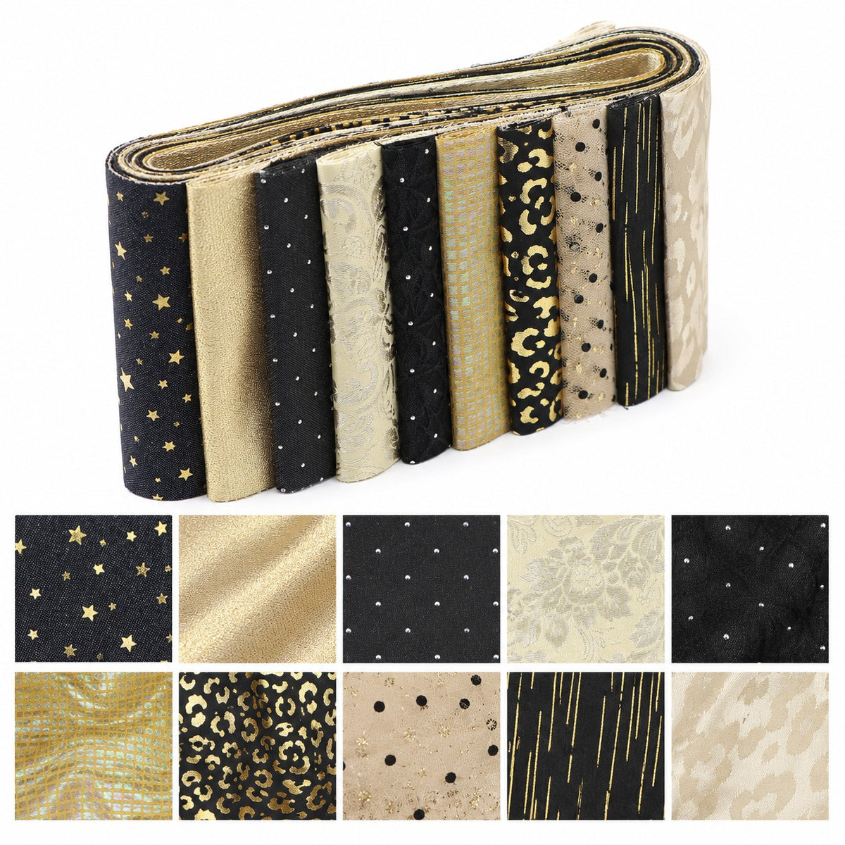 10Pc/Set, Making 10 Images 1pc Each, Each Size: 6.3*50cm Leopard Star Golden Hot Stamping Series Sliced Fabric Set Style Combination, Polyester Jelly Roll Fabric Strips, Pre-Cut Quilting Squares, For Quilting DIY, Handicrafts And Sewing, Blankets, Rugs, I