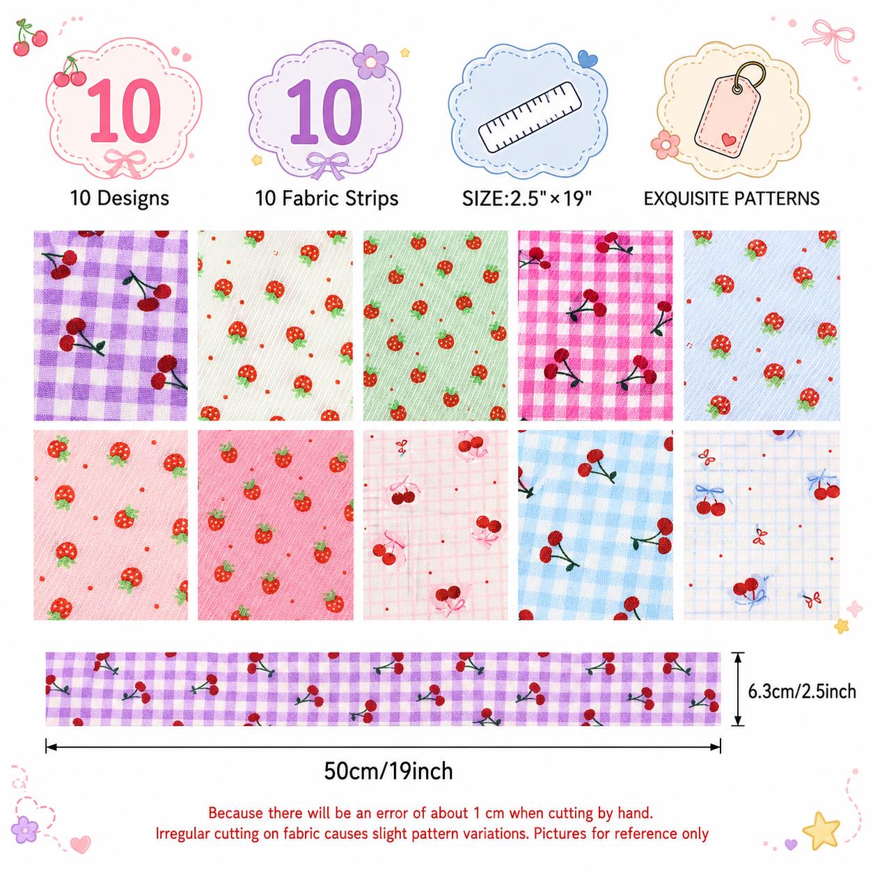 10Pc/Set, Making 10 Images 1pc Each, Each Size: 6.3*50cm Cherry Strawberry Fruit Series Sliced Fabric Set Style Combination, Polyester Jelly Roll Fabric Strips, Pre-Cut Quilting Squares, For Quilting DIY, Handicrafts And Sewing, Blankets, Rugs