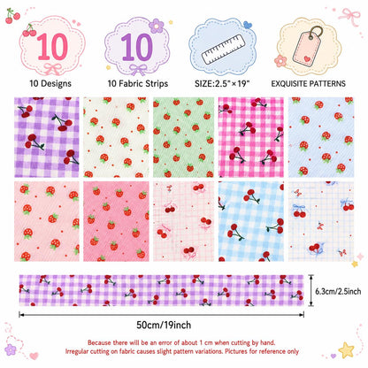 10Pc/Set, Making 10 Images 1pc Each, Each Size: 6.3*50cm Cherry Strawberry Fruit Series Sliced Fabric Set Style Combination, Polyester Jelly Roll Fabric Strips, Pre-Cut Quilting Squares, For Quilting DIY, Handicrafts And Sewing, Blankets, Rugs