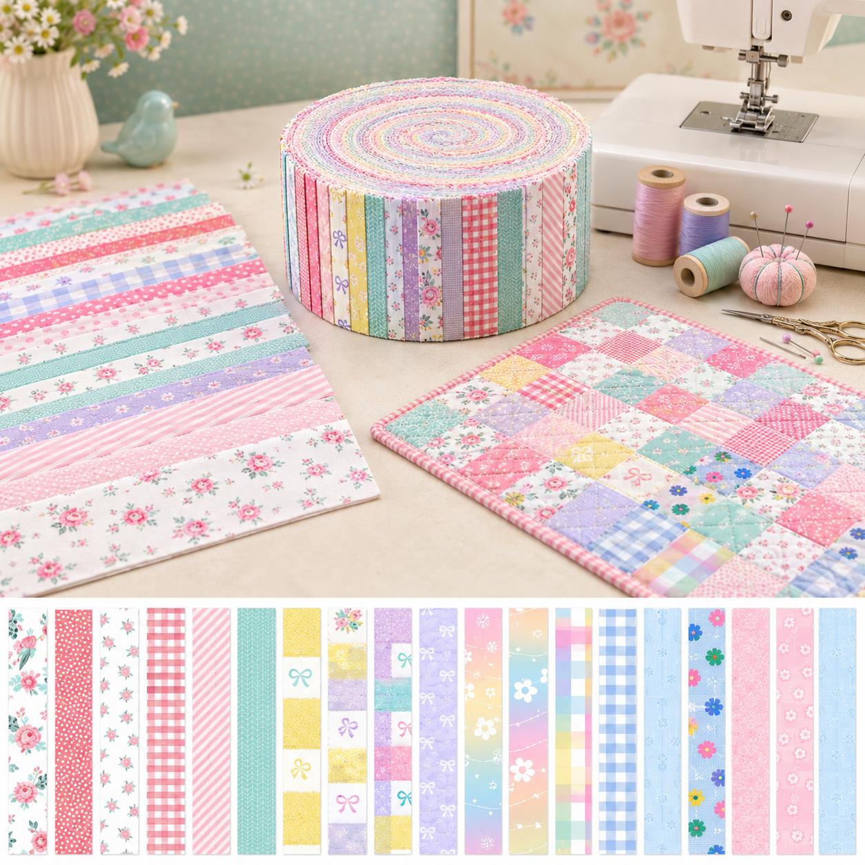 20pcs Vintage Floral Plaid Jelly Roll Sliced Fabric Strips 2.5X19.7inch Pre-cut Fresh and Delicate Printed Multi-Color 100% Polyester for DIY Handmade Patchwork, Table Runners, Placemats, Tote Bags, Storage Pouches, Makeup Bags, Coasters, Quilt Blocks