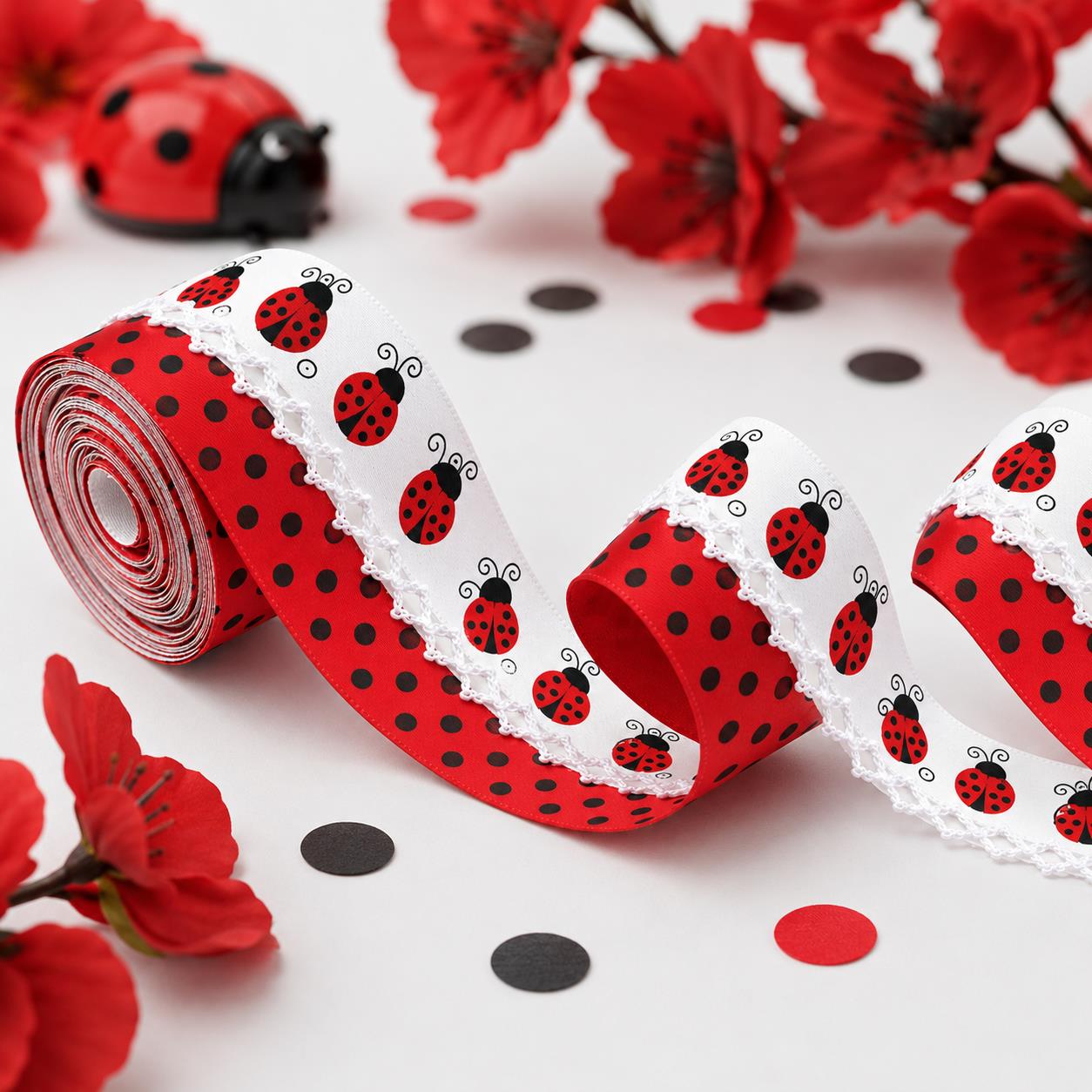 5 Yards Ladybug Dots Pattern Ribbon, Width 32mm/1.26-Inch, Two Ribbon Equipped with White Center Hook Edge, Ideal for Showcasing Jewelry And Wrapping Gifts, Creating Bows, Holiday Decorations