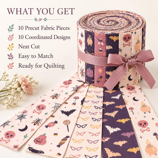 10pcs Vintage Pumpkin Bat Skull Halloween Pattern Jelly Roll Fabric Strips 2.5X19.7inch Pre-Cut 100% Polyester For Patchwork Quilts, Table Runners, Placemats, Tote Bags, Storage Pouches, Makeup Bags, Coasters, Quilt Blocks & Binding