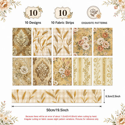 10pcs Vintage Floral Ear Of Wheat Autumn Pattern Jelly Roll Fabric Strips 2.5X19.7inch Pre-Cut 100% Polyester For Patchwork Quilts, Table Runners, Placemats, Tote Bags, Storage Pouches, Makeup Bags, Coasters, Quilt Blocks & Binding