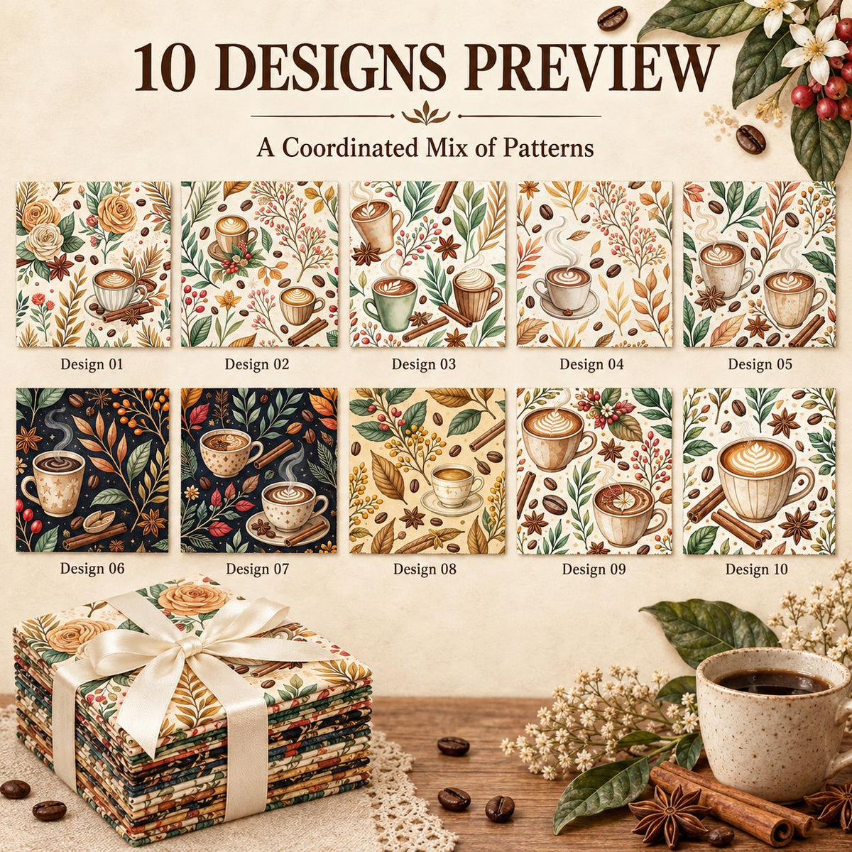 10Pc/Set Christmas Flower Coffee Beans Coffee Series Fat Quarter Fabric, Pre-Cut Square Fabric Assort, Fabric Set, Craft Fabric, Handmade DIY Patchwork Fabric,Home Quilting Sewing Fabric, Packaging Fabric, Scrapbooking Craft Hobbyist