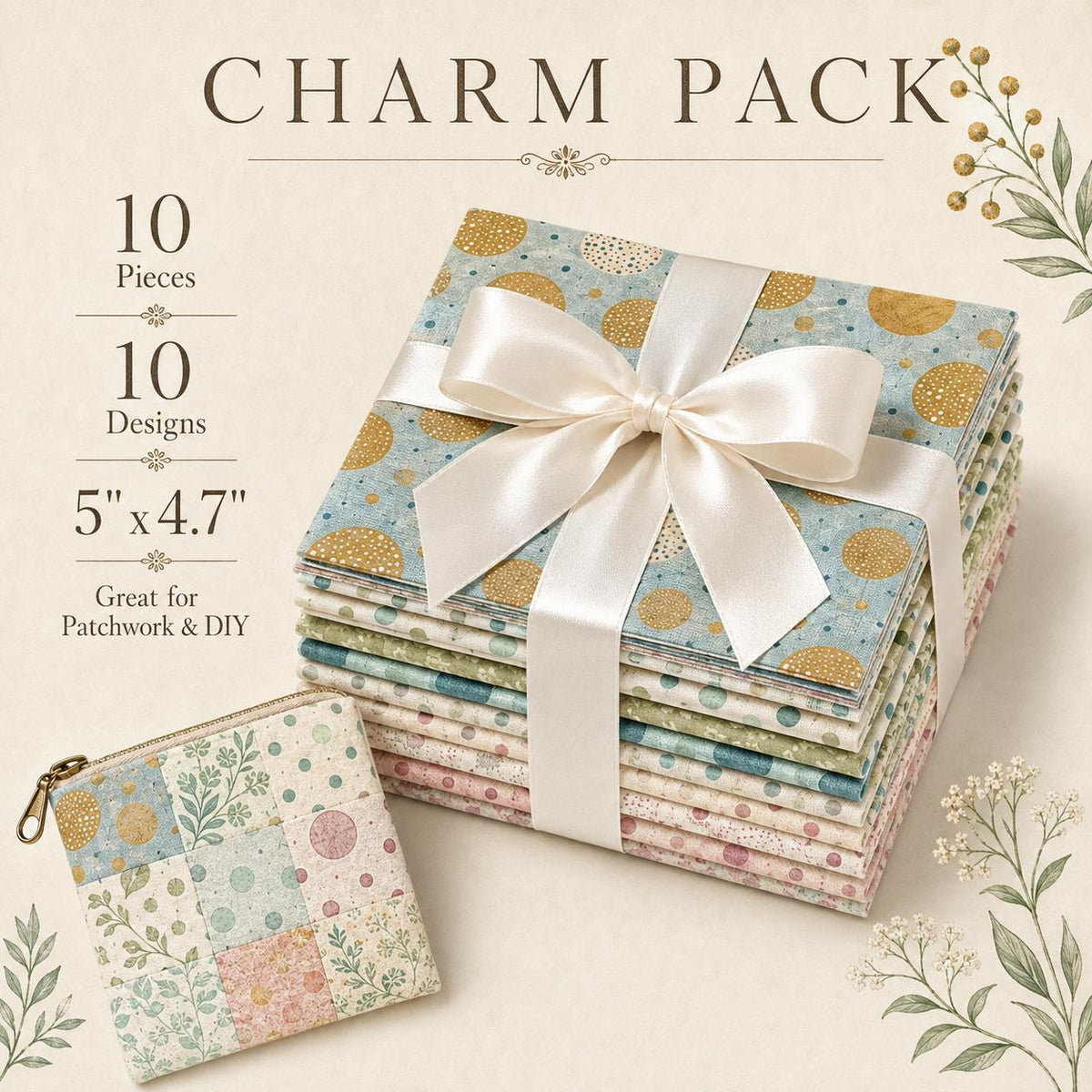 10pcs Charm Pack Set Floral Pattern 100% Polyester Patchwork in 10 Design Styles, Ready-to-Sew Without Cutting, Suitable For Patchwork Wallet Making Gift Giving Tote Bags Coasters DIY Craft Projects For Mother's Gift