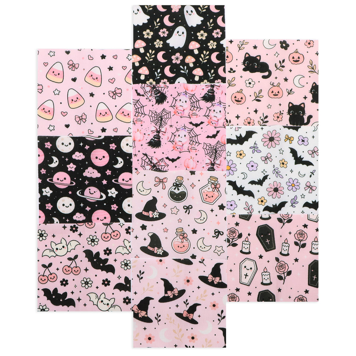 10Pc/Set Halloween Series Flower Bowknot Skull Pumpkin Cat Candy Cherry Mushroom Bat Rose Fat Quarter Fabric, Pre-Cut Square Fabric Assort, Fabric Set, Craft Fabric, Handmade DIY Patchwork Fabric,Home Quilting Sewing Fabric, Packaging Fabric, Scrapbooking