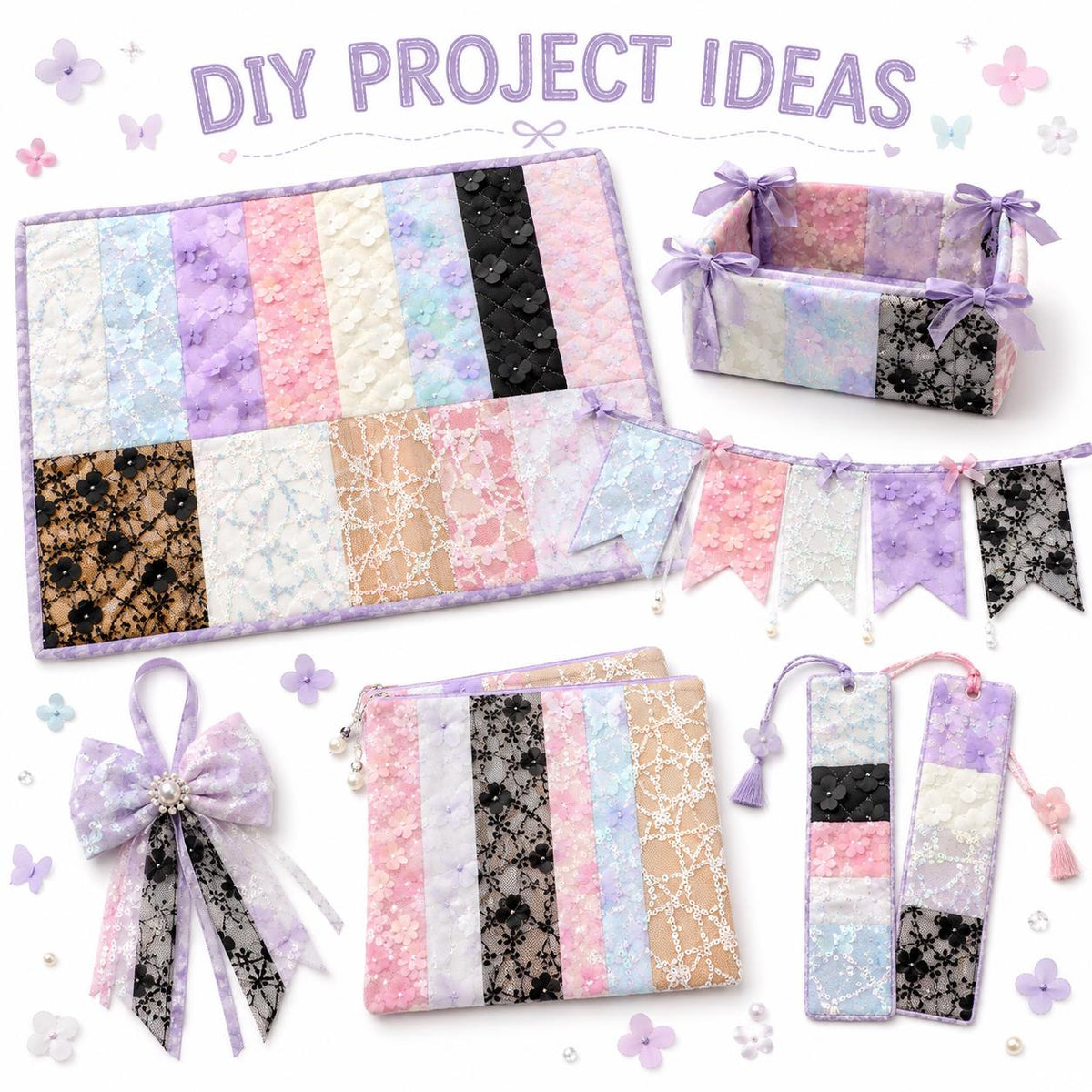 10Pc/Set, Making 10 Images 1pc Each, Each Size: 6.3*50cm Floral Butterfly Mesh Gauze Lace Series Sliced Fabric Set Style Combination, Polyester Jelly Roll Fabric Strips, Pre-Cut Quilting Squares, For Quilting DIY, Handicrafts And Sewing, Blankets, Rugs, I