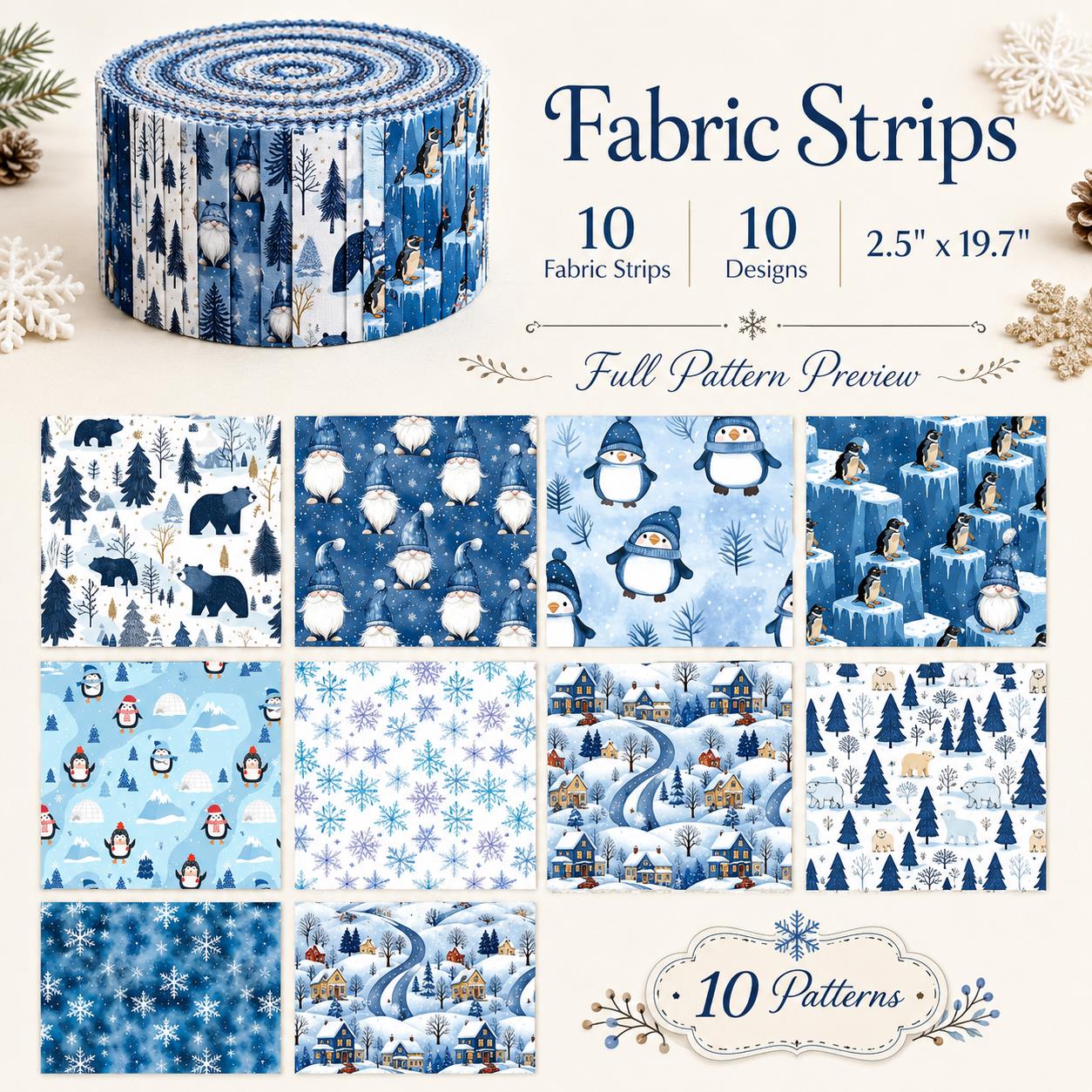 10pcs Vintage Penguin Snow Jelly Roll Fabric Strips 2.5X19.7inch Pre-Cut 100% Polyester For Patchwork Quilts, Table Runners, Placemats, Tote Bags, Storage Pouches, Makeup Bags, Coasters, Quilt Blocks & Binding Christmas Day Gift