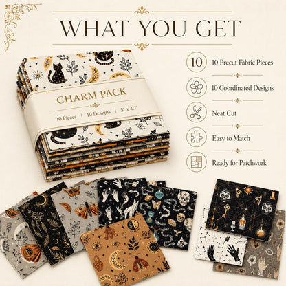 10pcs Charm Pack Set Cat Hand Skull Vintage Style Pattern Handmade DIY with Rich Color and Texture Elements 100% Polyester Patchwork in 10 Design Styles Suitable for Patchwork DIY Craft Projects DIY Wallet Making Gift Giving Bag Making Mother's Day Gift