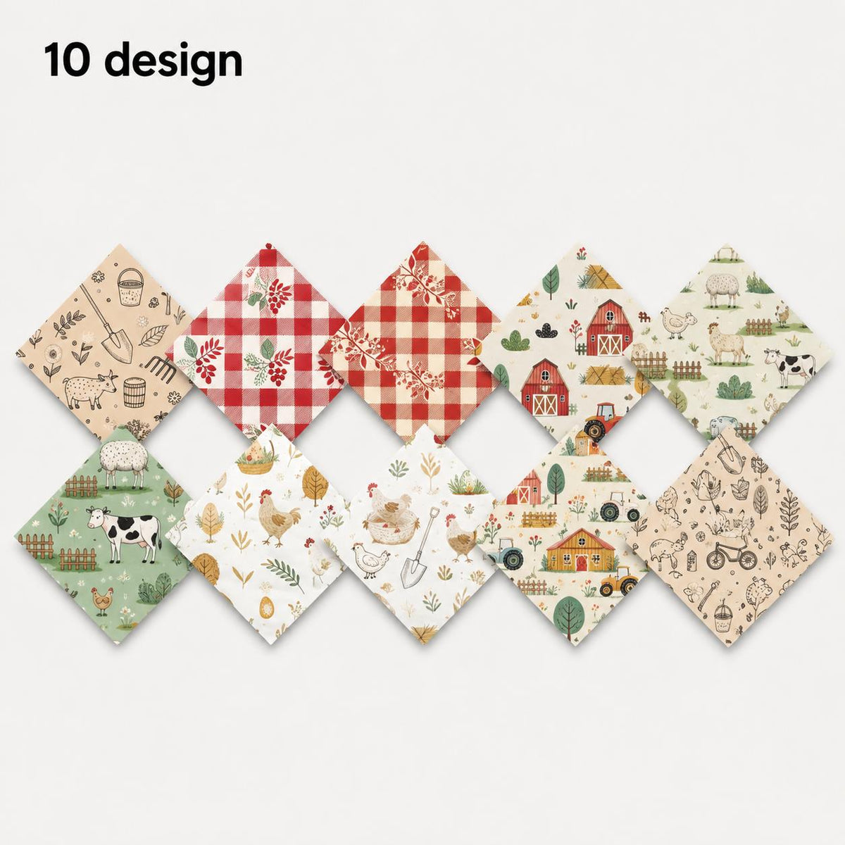 10pcs Charm Pack Set Hen Egg Sheep Farm Pattern Vintage Style Handmade DIY with Rich Color and Texture Elements 100% Polyester Patchwork in 10 Design Styles Suitable for Patchwork DIY Craft Projects DIY Wallet Making Gift Giving Bag Making Mother's Day Gi