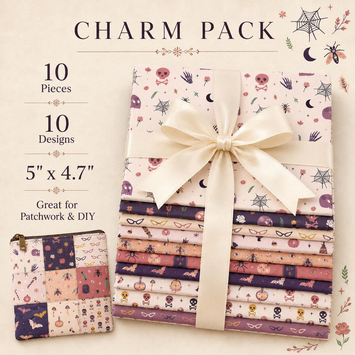 10pcs Charm Pack Set Bat Skull Spider Halloween Pattern Vintage Style Handmade DIY with Rich Color and Texture Elements 100% Polyester Patchwork in 10 Design Styles Suitable for Patchwork DIY Craft Projects DIY Wallet Making Gift Giving Bag Making Mother'