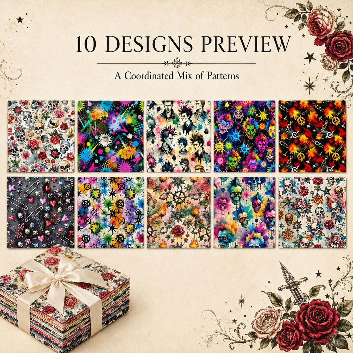 10Pc/Set Halloween Series Flower Skull Rose Fat Quarter Fabric, Pre-Cut Square Fabric Assort, Fabric Set, Craft Fabric, Handmade DIY Patchwork Fabric,Home Quilting Sewing Fabric, Packaging Fabric, Scrapbooking Craft Hobbyist