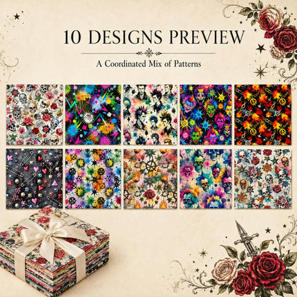 10Pc/Set Halloween Series Flower Skull Rose Fat Quarter Fabric, Pre-Cut Square Fabric Assort, Fabric Set, Craft Fabric, Handmade DIY Patchwork Fabric,Home Quilting Sewing Fabric, Packaging Fabric, Scrapbooking Craft Hobbyist