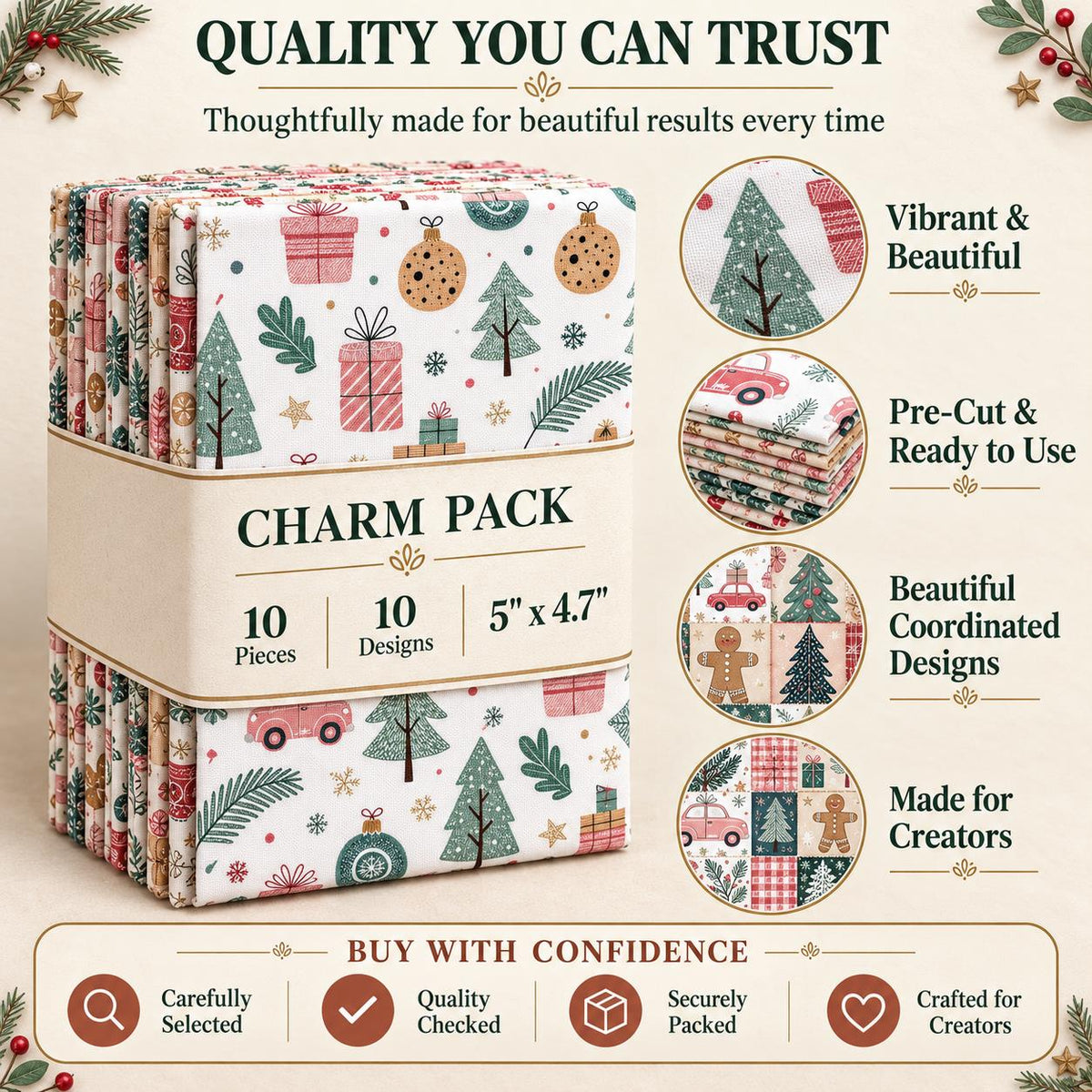 10Pc/Set Christmas Series Star Car Tree Gift Crutch Fat Quarter Fabric, Pre-Cut Square Fabric Assort, Fabric Set, Craft Fabric, Handmade DIY Patchwork Fabric,Home Quilting Sewing Fabric, Packaging Fabric, Scrapbooking Craft Hobbyist