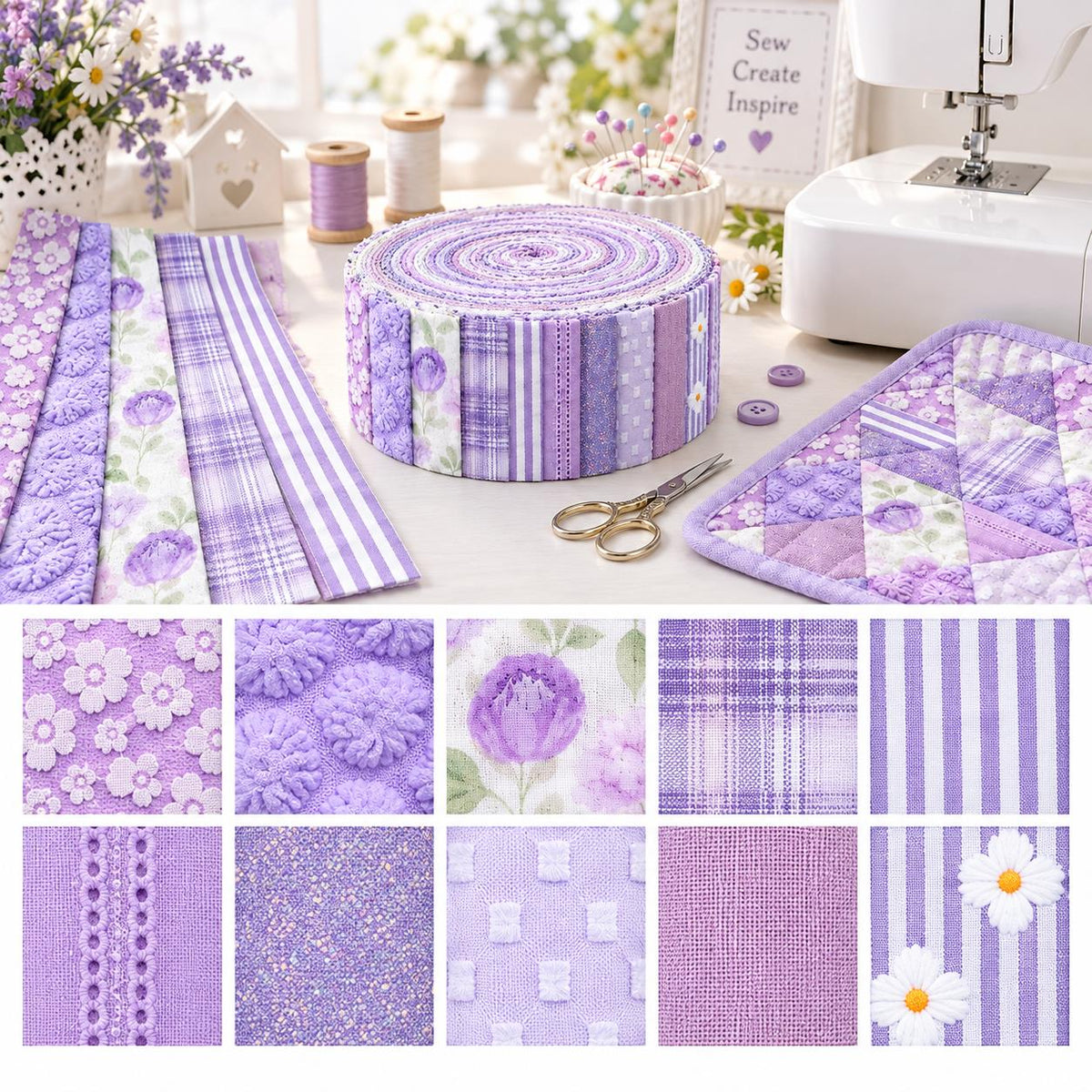 10pcs Vintage Floral Plaid Purple Pattern Jelly Roll Fabric Strips 2.5X19.7inch Pre-cut 100% Polyester for Patchwork Quilts, Table Runners, Placemats, Tote Bags, Storage Pouches, Makeup Bags, Coasters, Quilt Blocks & Binding Multi-color