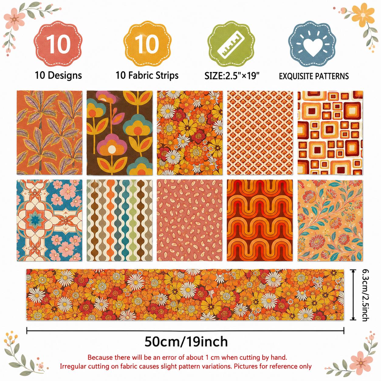 10pcs Vintage Floral Orange Pattern Jelly Roll Fabric Strips 2.5X19.7inch Pre-cut 100% Polyester for Patchwork Quilts, Table Runners, Placemats, Tote Bags, Storage Pouches, Makeup Bags, Coasters, Quilt Blocks & Binding