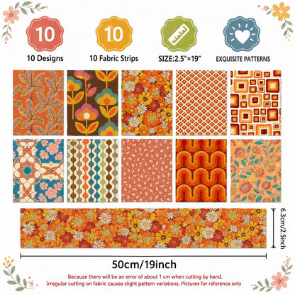 10pcs Vintage Floral Orange Pattern Jelly Roll Fabric Strips 2.5X19.7inch Pre-cut 100% Polyester for Patchwork Quilts, Table Runners, Placemats, Tote Bags, Storage Pouches, Makeup Bags, Coasters, Quilt Blocks & Binding