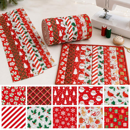 10pcs Vintage Gift Santa Plaid Christmas Theme Jelly Roll Fabric Strips 2.5X19.7inch Pre-Cut 100% Polyester For Patchwork Quilts, Table Runners, Placemats, Tote Bags, Storage Pouches, Makeup Bags, Coasters, Quilt Blocks & Binding