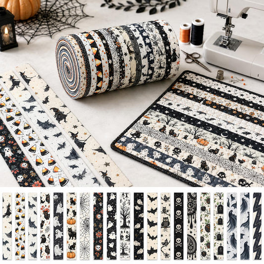 20pcs/set Vintage Ghost Halloween Pattern Jelly Roll Fabric Strips 2.5X19.7inch Pre-Cut 100% Polyester For Patchwork Quilts, Table Runners, Placemats, Tote Bags, Storage Pouches, Makeup Bags, Coasters, Quilt Blocks & Binding