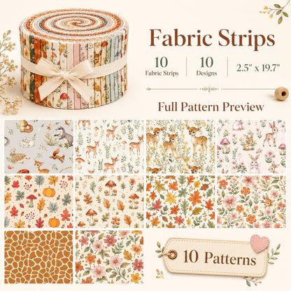 10pcs Vintage Mushroom Deer Autumn Pattern Jelly Roll Fabric Strips 2.5X19.7inch Pre-cut 100% Polyester for Patchwork Quilts, Table Runners, Placemats, Tote Bags, Storage Pouches, Makeup Bags, Coasters, Quilt Blocks & Binding