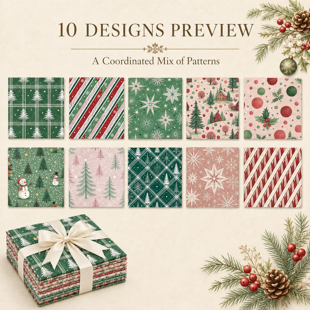 10Pc/Set Christmas Series Dot Stripe Plaid Tree Holly Crutch Fat Quarter Fabric, Pre-Cut Square Fabric Assort, Fabric Set, Craft Fabric, Handmade DIY Patchwork Fabric,Home Quilting Sewing Fabric, Packaging Fabric, Scrapbooking Craft Hobbyist