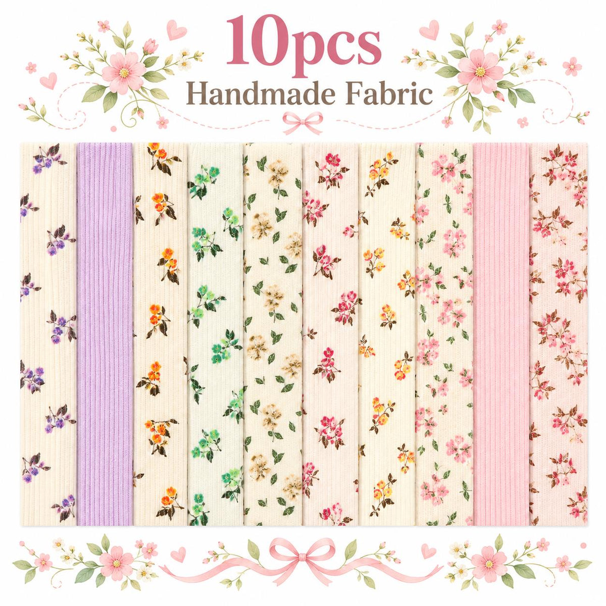 10pcs Vintage Floral Corduroy Fabric Jelly Roll Fabric Strips 2.5X19.7inch Pre-cut 100% Polyester for Patchwork Quilts, Table Runners, Placemats, Tote Bags, Storage Pouches, Makeup Bags, Coasters, Quilt Blocks & Binding Multi-color