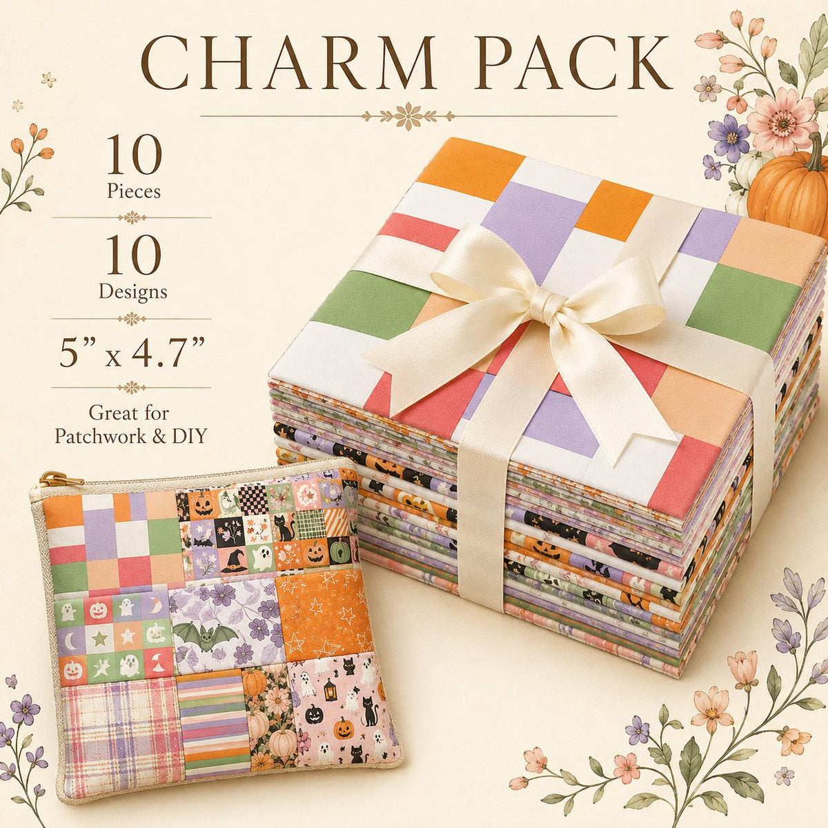 10pcs Charm Pack Set Bat Pumpkin Halloween Pattern Vintage Style Handmade DIY with Rich Color and Texture Elements 100% Polyester Patchwork in 10 Design Styles Suitable for Patchwork DIY Craft Projects DIY Wallet Making Gift Giving Bag Making Mother's Day