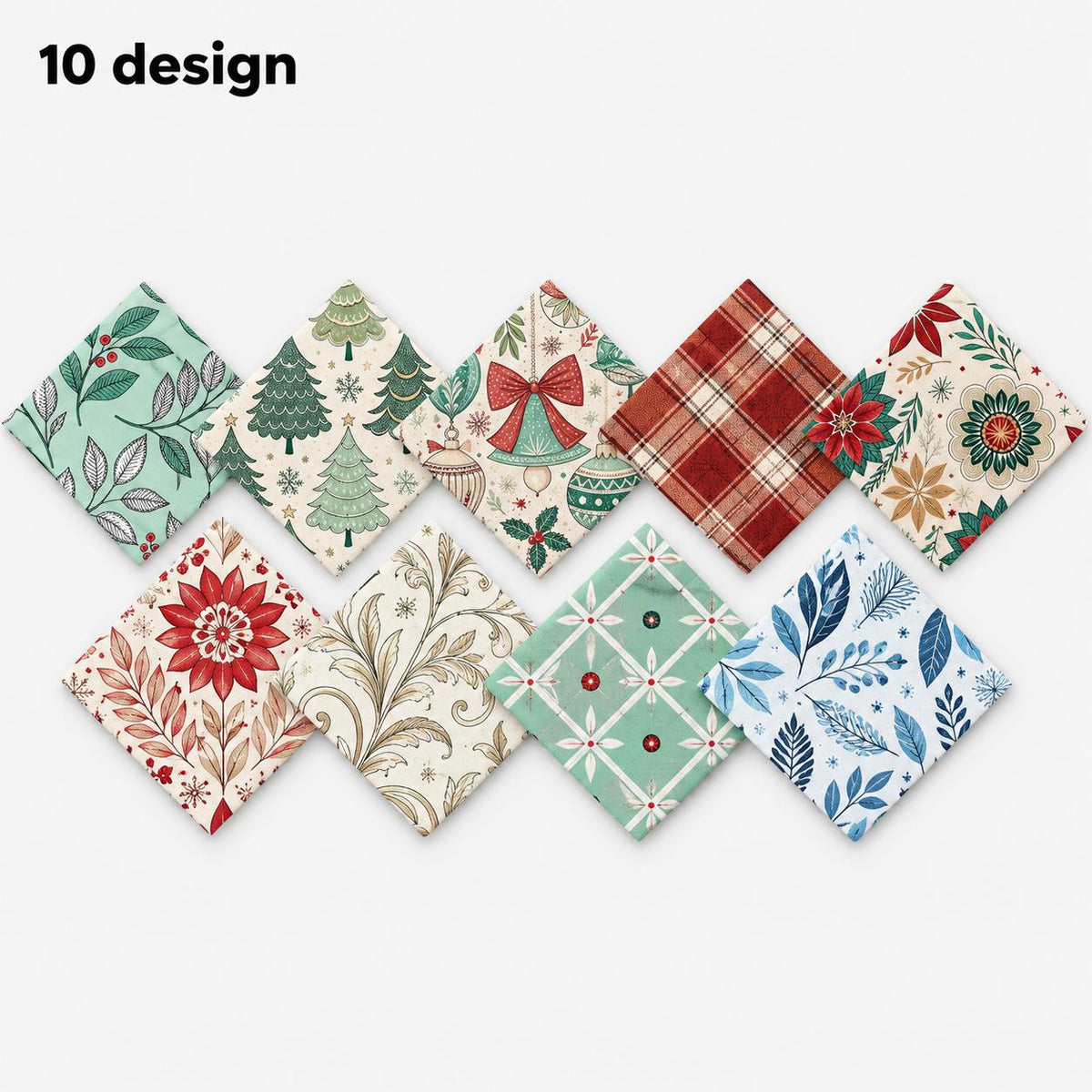 10Pc/Set Christmas Flower Series Plaid Tree Bell Fat Quarter Fabric, Pre-Cut Square Fabric Assort, Fabric Set, Craft Fabric, Handmade DIY Patchwork Fabric,Home Quilting Sewing Fabric, Packaging Fabric, Scrapbooking Craft Hobbyist