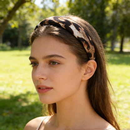 hot gold leopard satin high cranial hairband