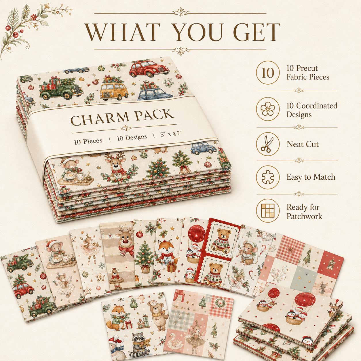 10Pc/Set Christmas Series Santa Claus Deer Holly Crutch Christmas Tree Fox Fat Quarter Fabric, Pre-Cut Square Fabric Assort, Fabric Set, Craft Fabric, Handmade DIY Patchwork Fabric,Home Quilting Sewing Fabric, Packaging Fabric, Scrapbooking Craft Hobbyist