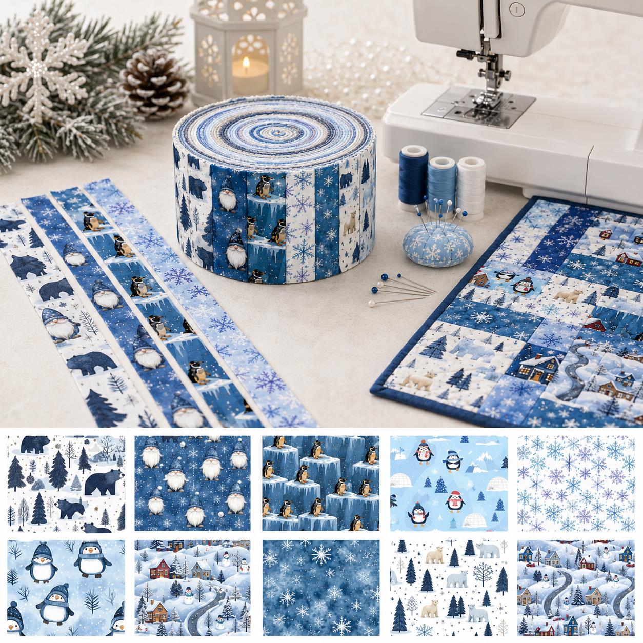 10pcs Vintage Penguin Snow Jelly Roll Fabric Strips 2.5X19.7inch Pre-Cut 100% Polyester For Patchwork Quilts, Table Runners, Placemats, Tote Bags, Storage Pouches, Makeup Bags, Coasters, Quilt Blocks & Binding Christmas Day Gift