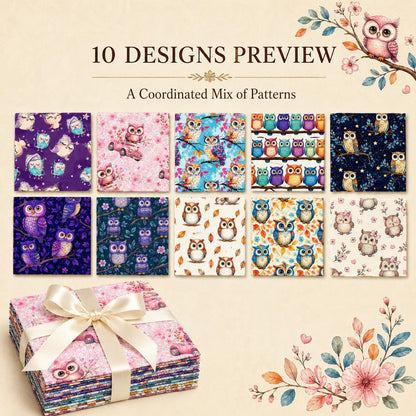 10Pc/Set Flower Owl Series Fat Quarter Fabric, Pre-Cut Square Fabric Assort, Fabric Set, Craft Fabric, Handmade DIY Patchwork Fabric,Home Quilting Sewing Fabric, Packaging Fabric, Scrapbooking Craft Hobbyist
