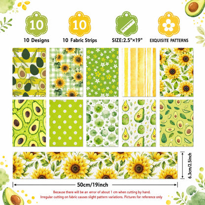 10pcs Vintage Avocado Floral Jelly Roll Fabric Strips 2.5X19.7inch Pre-Cut 100% Polyester For Patchwork Quilts, Table Runners, Placemats, Tote Bags, Storage Pouches, Makeup Bags, Coasters, Quilt Blocks & Binding Birthday Gift For Mom