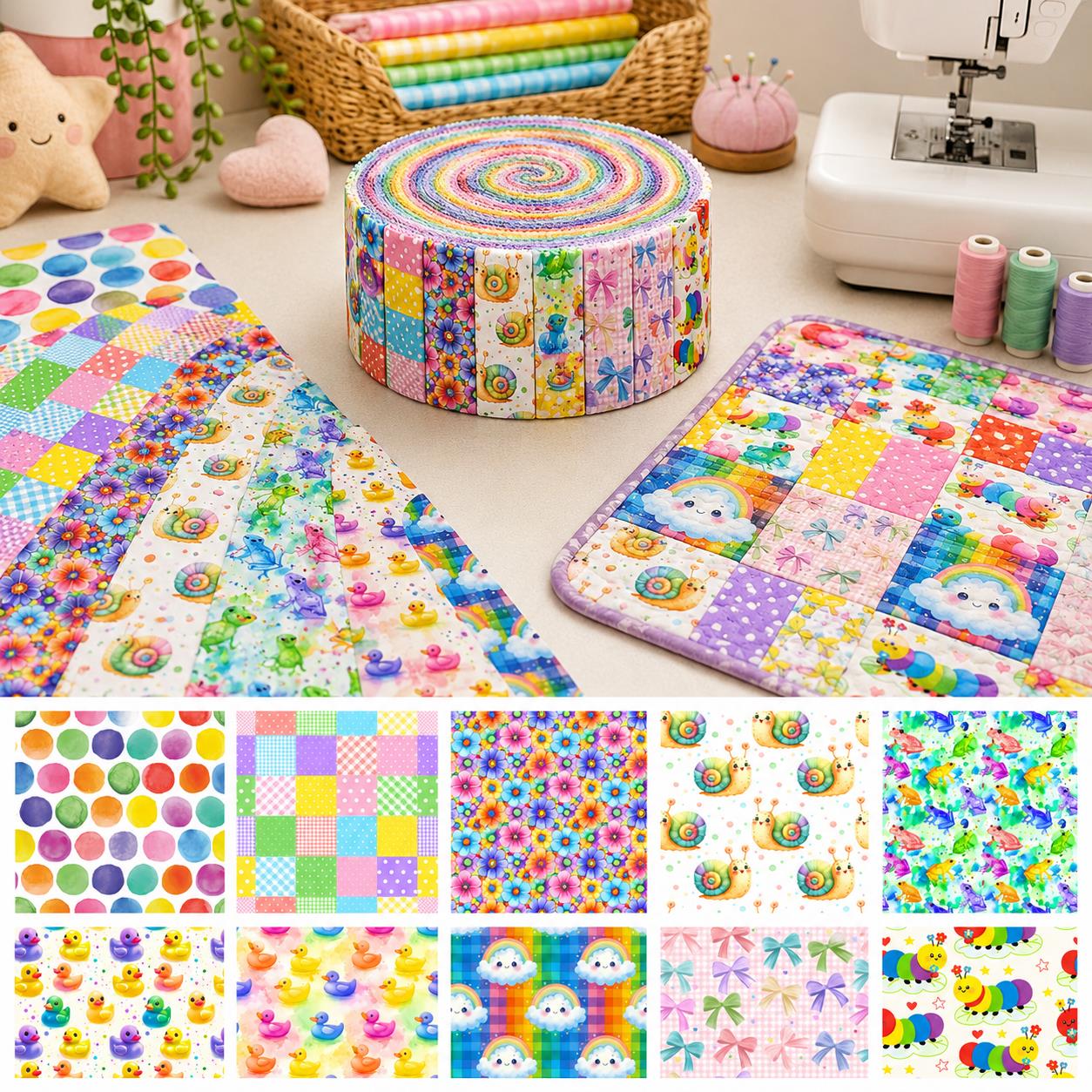 10Pc/Set, Making 10 Images 1pc Each, Each Size: 6.3*50cm Caterpillar Frog Duck Series Sliced Fabric Set Style Combination, Polyester Jelly Roll Fabric Strips, Pre-Cut Quilting Squares, For Quilting DIY, Handicrafts And Sewing, Blankets, Rugs