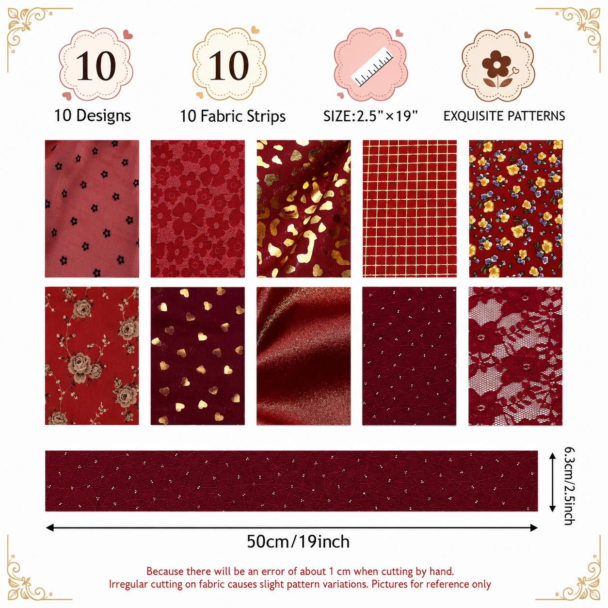 10Pc/Set, Making 10 Images 1pc Each, Each Size: 6.3*50cm Floral Red Series Sliced Fabric Set Style Combination, Polyester Jelly Roll Fabric Strips, Pre-Cut Quilting Squares, For Quilting DIY, Handicrafts And Sewing, Blankets, Rugs, Interior Decoration