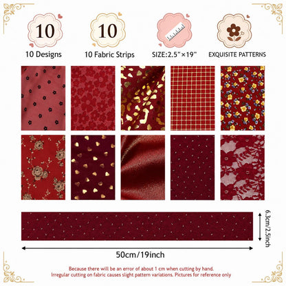 10Pc/Set, Making 10 Images 1pc Each, Each Size: 6.3*50cm Floral Red Series Sliced Fabric Set Style Combination, Polyester Jelly Roll Fabric Strips, Pre-Cut Quilting Squares, For Quilting DIY, Handicrafts And Sewing, Blankets, Rugs, Interior Decoration