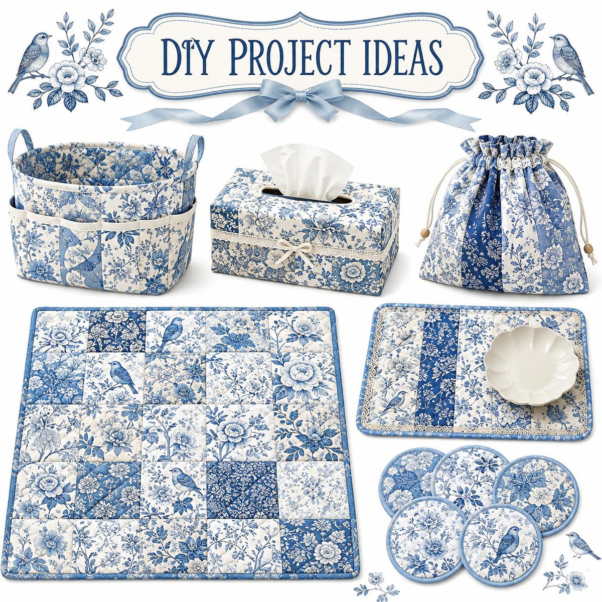10pcs Vintage Blue Floral Pattern Jelly Roll Fabric Strips 2.5X19.7inch Pre-Cut 100% Polyester For Patchwork Quilts, Table Runners, Placemats, Tote Bags, Storage Pouches, Makeup Bags, Coasters, Quilt Blocks & Binding