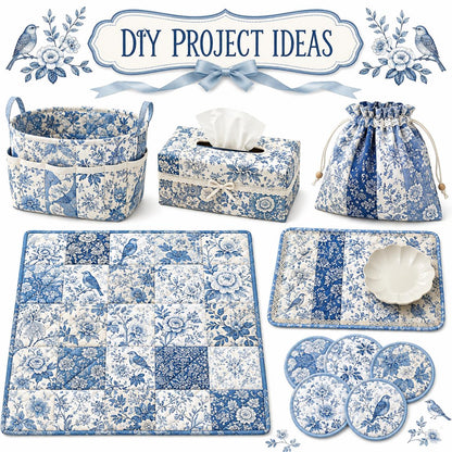 10pcs Vintage Blue Floral Pattern Jelly Roll Fabric Strips 2.5X19.7inch Pre-Cut 100% Polyester For Patchwork Quilts, Table Runners, Placemats, Tote Bags, Storage Pouches, Makeup Bags, Coasters, Quilt Blocks & Binding