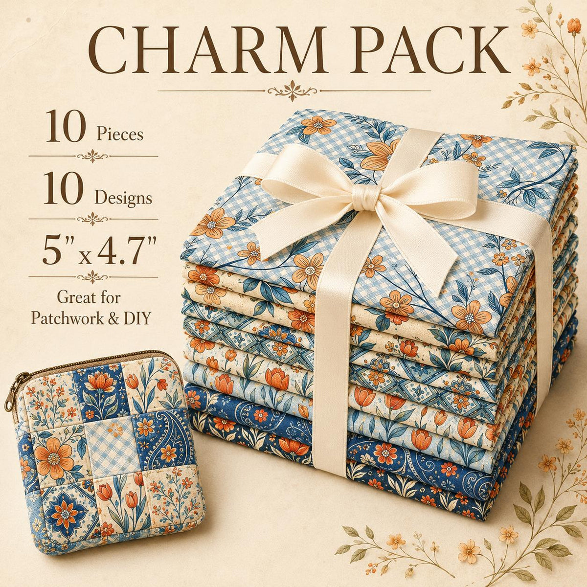 10Pc/Set Flower Plaid Tulip Daisy Blue Series Fat Quarter Fabric, Pre-Cut Square Fabric Assort, Fabric Set, Craft Fabric, Handmade DIY Patchwork Fabric,Home Quilting Sewing Fabric, Packaging Fabric, Scrapbooking Craft Hobbyist