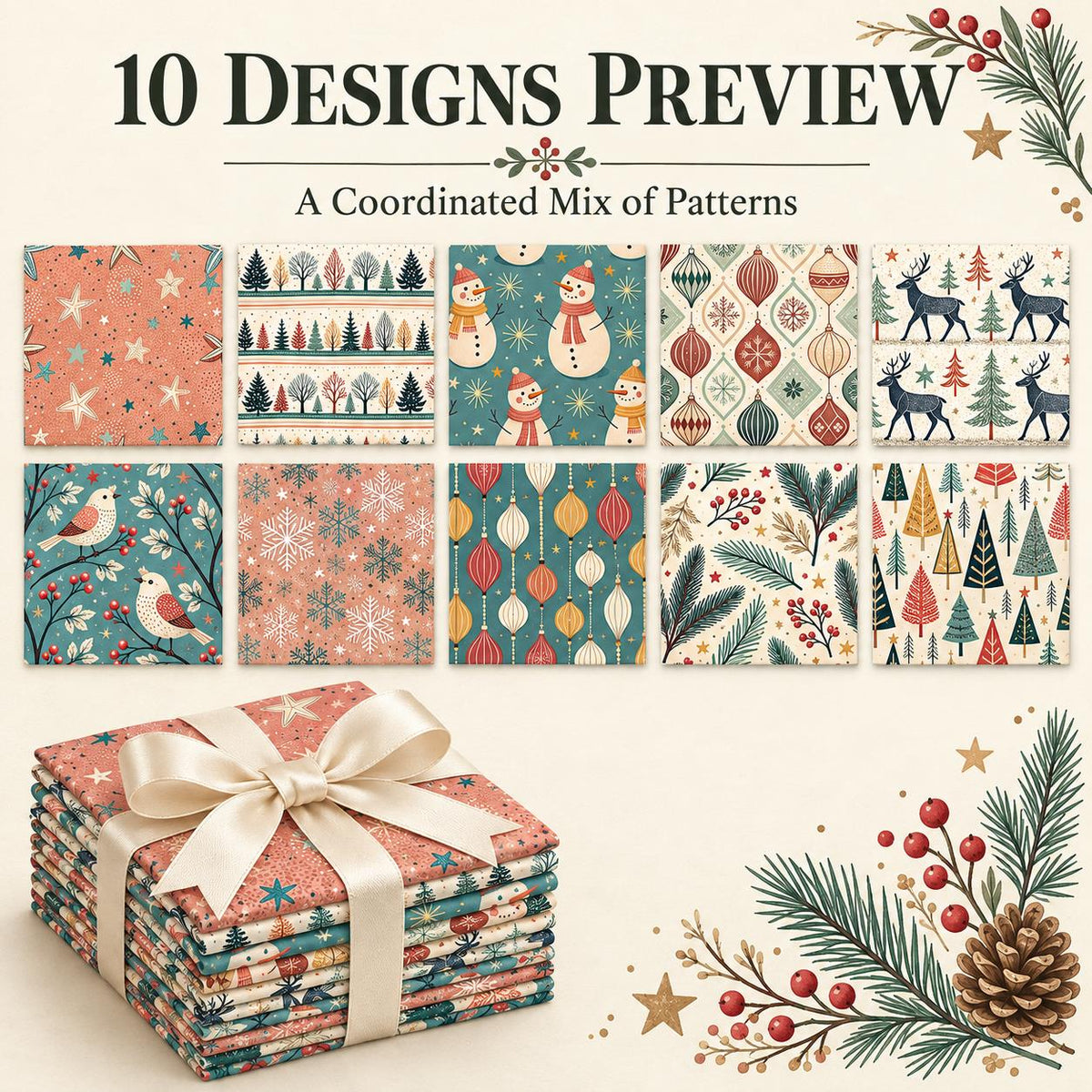 10Pc/Set Christmas Series Star Dot Stripe Bird Deer Tree Fat Quarter Fabric, Pre-Cut Square Fabric Assort, Fabric Set, Craft Fabric, Handmade DIY Patchwork Fabric,Home Quilting Sewing Fabric, Packaging Fabric, Scrapbooking Craft Hobbyist