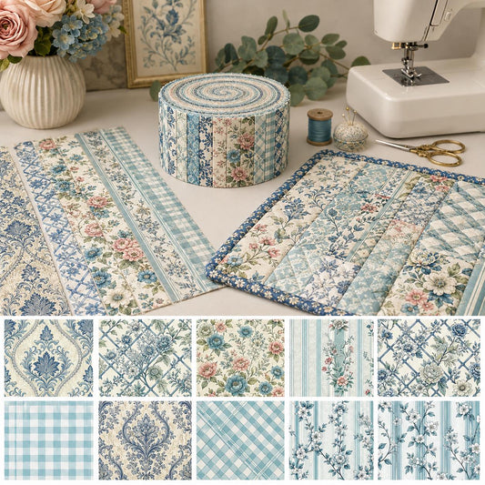 10pcs Vintage Blue Floral Plaid Pattern Jelly Roll Fabric Strips 2.5X19.7inch Pre-Cut 100% Polyester For Patchwork Quilts, Table Runners, Placemats, Tote Bags, Storage Pouches, Makeup Bags, Coasters, Quilt Blocks & Binding
