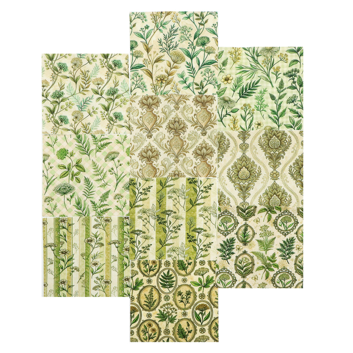10pcs Charm Pack Set Green Floral Pattern 100% Polyester Patchwork in 10 Design Styles, Ready-to-Sew Without Cutting, Suitable For Patchwork Wallet Making Gift Giving Tote Bags Coasters DIY Craft Projects For Mother's Gift