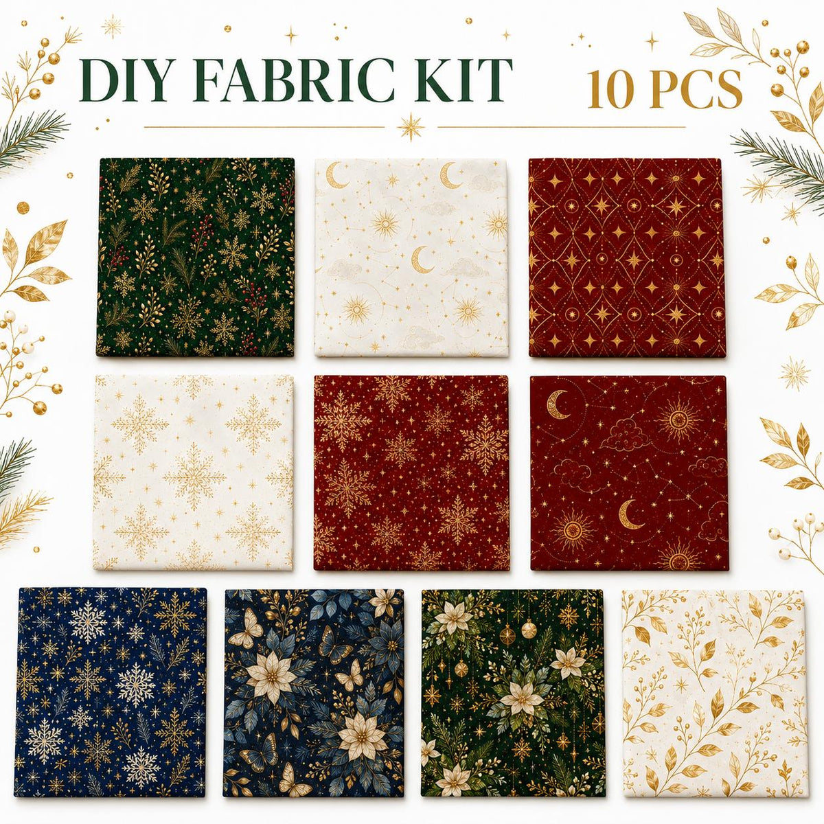 10pcs Charm Pack Set Christmas Holly Snow Pattern Vintage Style Handmade DIY with Rich Color and Texture Elements 100% Polyester Patchwork in 10 Design Styles Suitable for Patchwork DIY Craft Projects DIY Wallet Making Gift Giving Bag Making Mother's Day