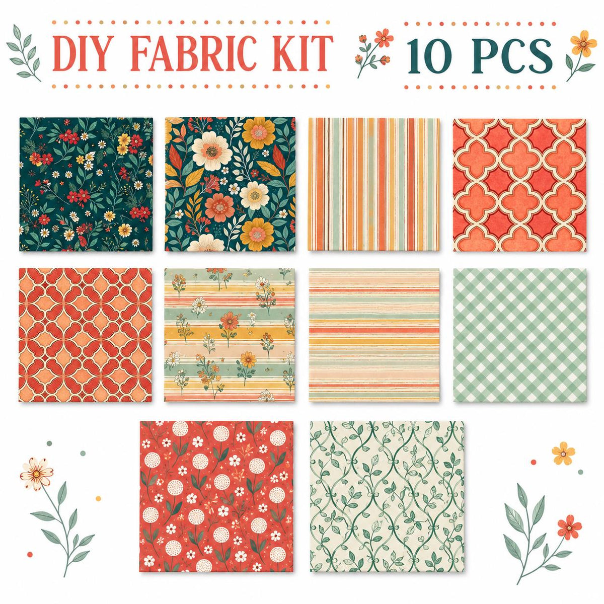 10pcs Charm Pack Set Floral Plaid Pattern Vintage Style Handmade DIY with Rich Color and Texture Elements 100% Polyester Patchwork in 10 Design Styles Suitable for Patchwork DIY Craft Projects DIY Wallet Making Gift Giving Bag Making Mother's Day Gift
