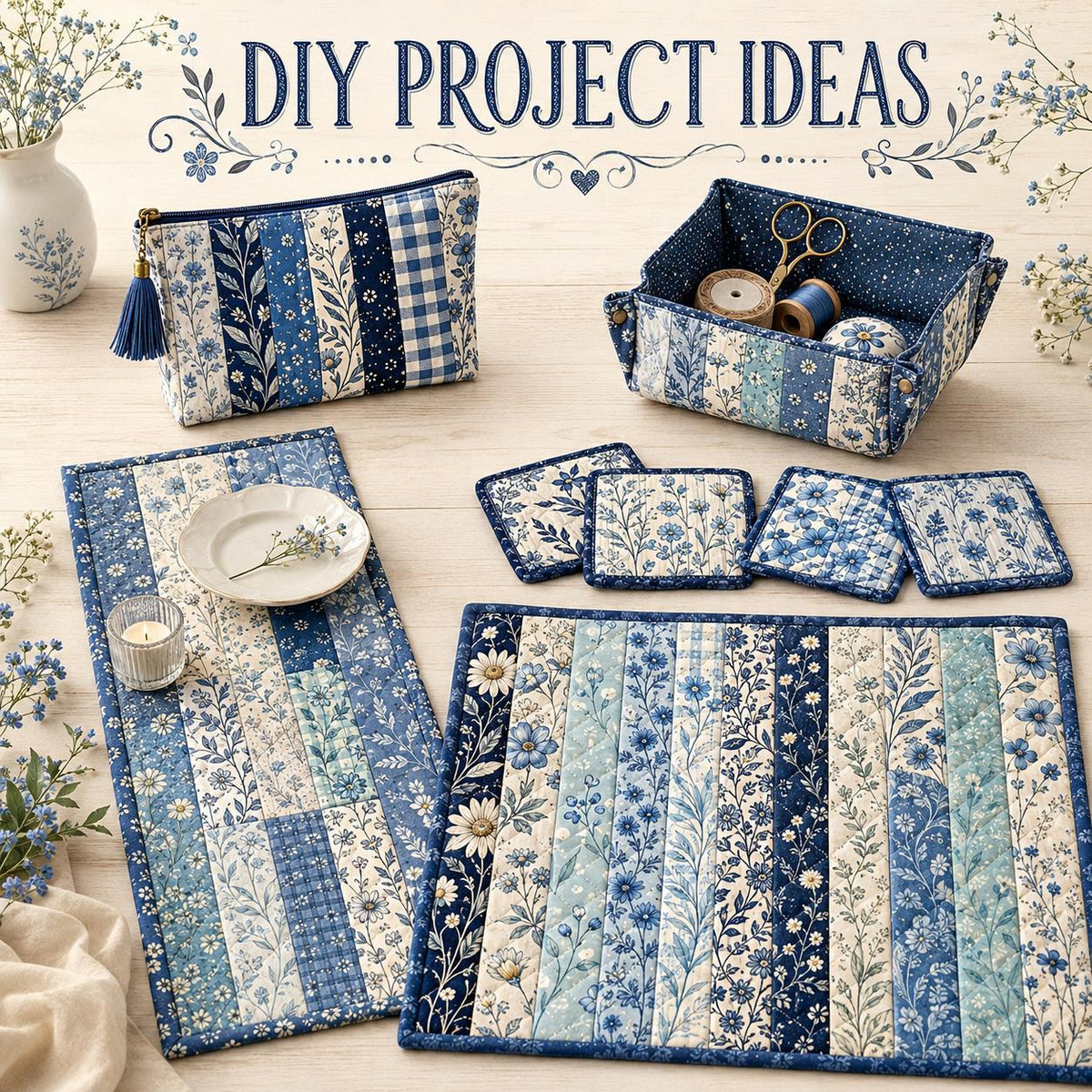 10pcs Vintage Blue Hydrangea Floral Pattern Jelly Roll Fabric Strips 2.5X19.7inch Pre-Cut 100% Polyester For Patchwork Quilts, Table Runners, Placemats, Tote Bags, Storage Pouches, Makeup Bags, Coasters, Quilt Blocks & Binding