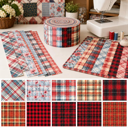 10pcs Vintage Plaid Red Floral Pattern Jelly Roll Fabric Strips 2.5X19.7inch Pre-Cut 100% Polyester For Patchwork Quilts, Table Runners, Placemats, Tote Bags, Storage Pouches, Makeup Bags, Coasters, Quilt Blocks & Binding