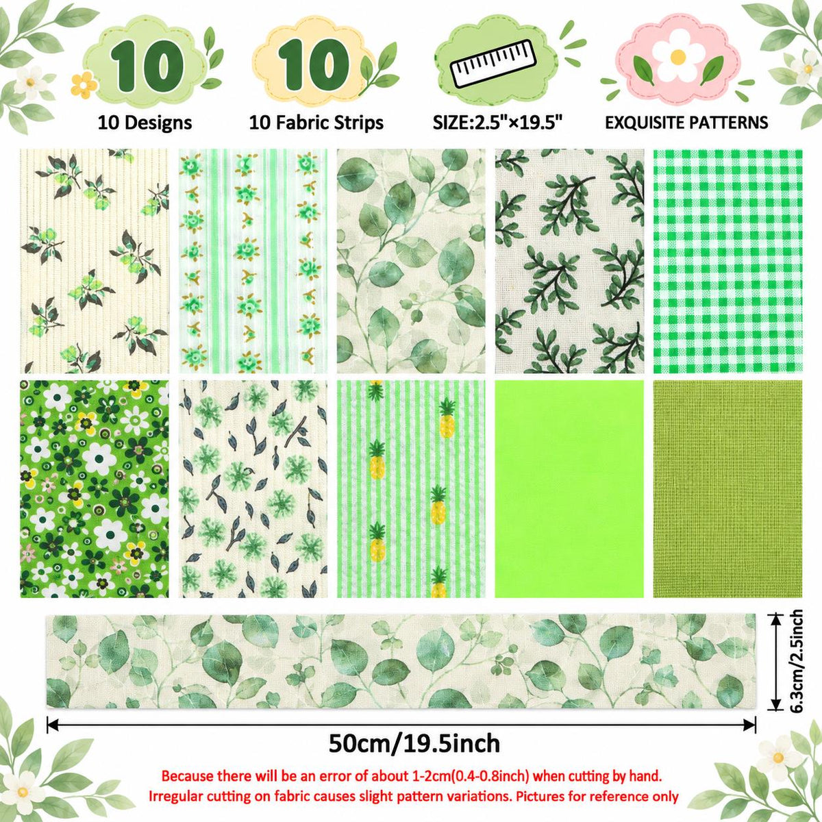10pcs Vintage Green Flower Jelly Roll Fabric Strips 2.5X19.7inch Pre-cut 100% Polyester for Patchwork Quilts, Table Runners, Placemats, Tote Bags, Storage Pouches, Makeup Bags, Coasters, Quilt Blocks & Binding